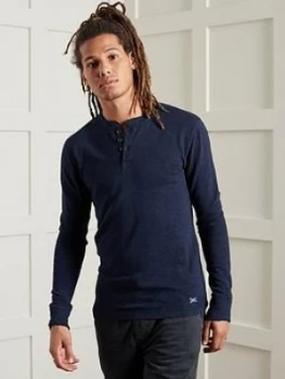 Image of Superdry Henley Button Long Sleeve T Shirt, Navy Size M Men