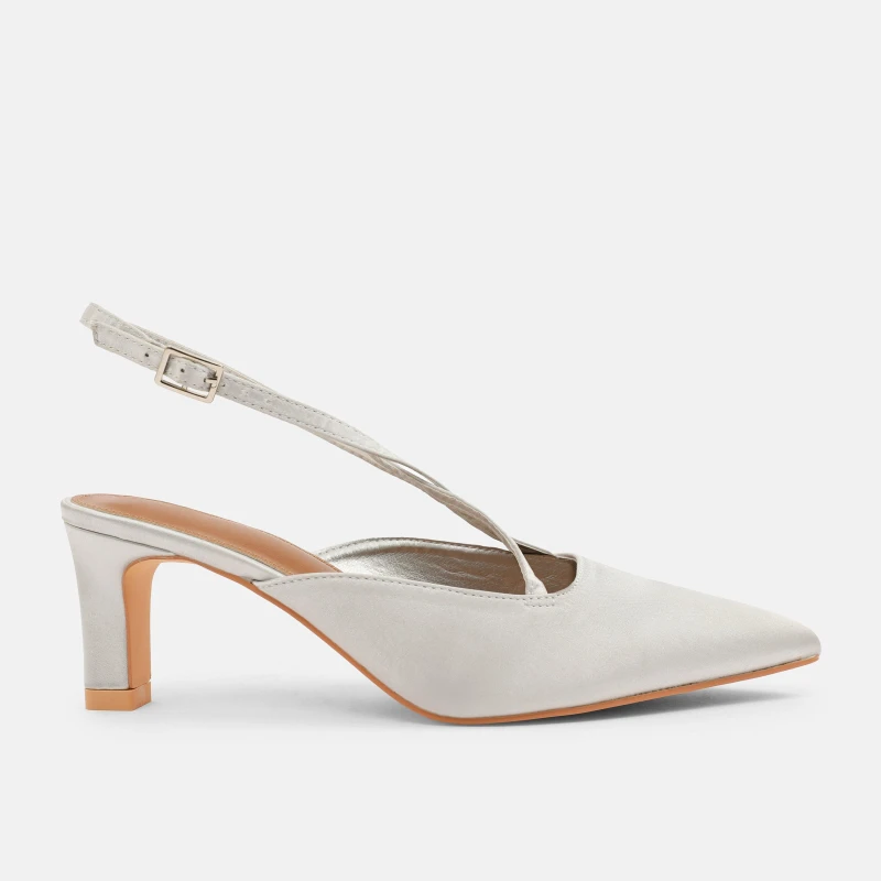 Image of Where's That From 'Raizel' Pointed Toe Low Block Heel With Cross Over Ankle Strap Silver