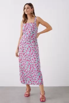 Image of Blue Floral Print Square Neck Cami Midi Dress