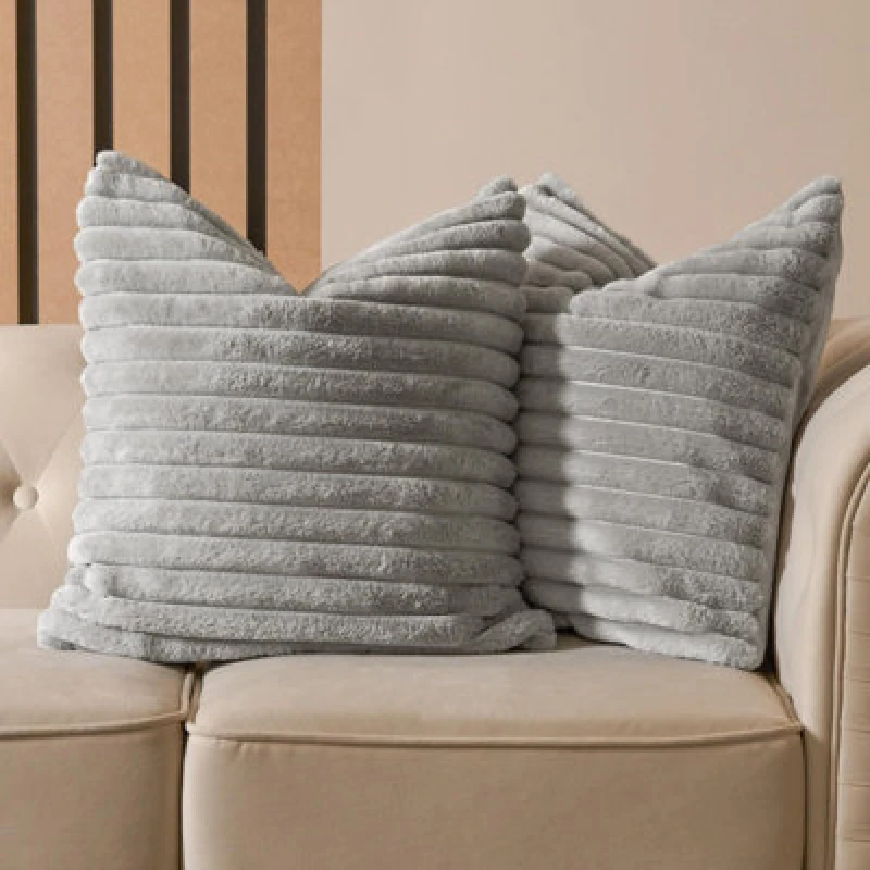 Image of OHS OHS 2 x Faux Fur Thick Rib Cushion Covers in Light Grey Size: 45cm x 45cm Light Grey 45cm x 45cm Unisex 5027434191642