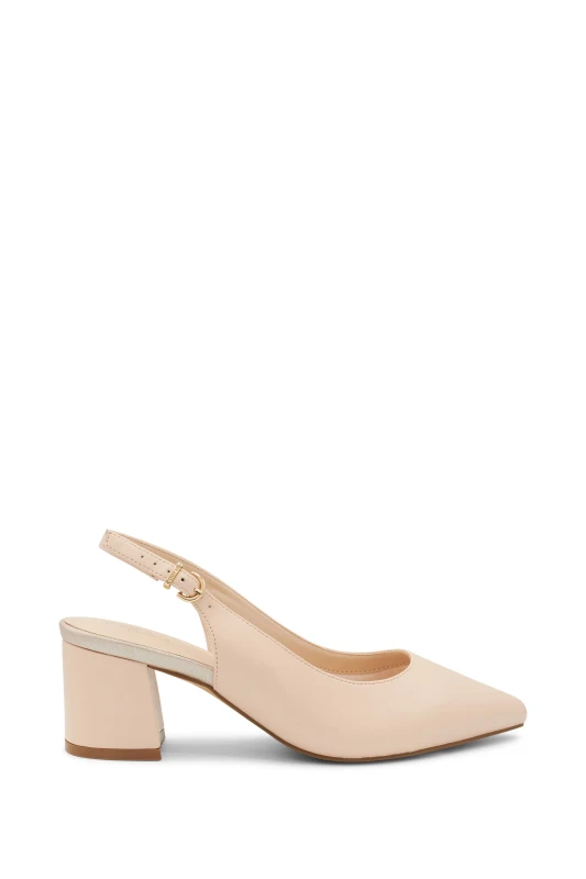 Image of Paradox London Wide Fit Shimmer 'Flynn' Mid Block Heel Sling Back Court Shoe Nude