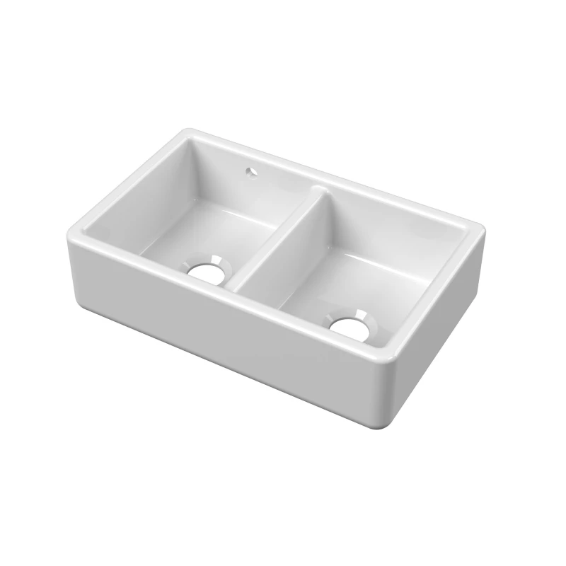 Image of Balterley Fireclay Double Bowl Kitchen Sink with 36mm Sides, Stepped Weir 795mm White