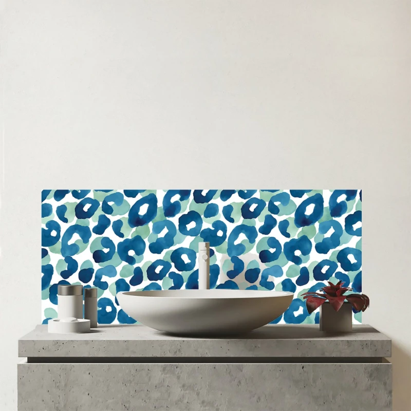 Image of Warren Reed - Designer Watercolour Leopard Print Glass Bathroom Splashback in Blue Blue Unisex