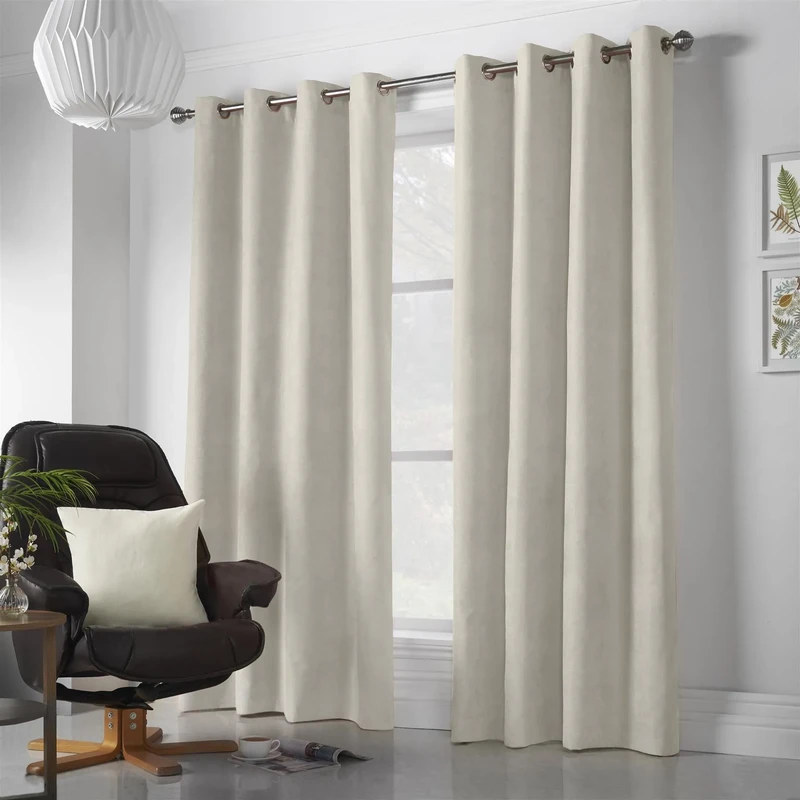 Image of Velvet Chenille Ready Made Eyelet Curtains Cream