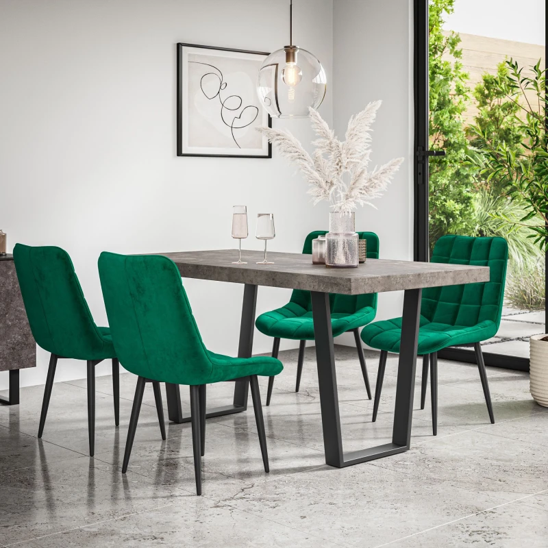 Image of More4Homes Aria Dining Table And Chairs - Concrete Effect Table Top W Black Legs + Nova Velvet Dining Chair Set Of 6 (Green)