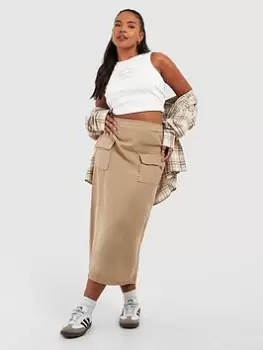 Image of Boohoo Plus Plus Pocket Detail Cargo Midaxi Skirt - Beige, Beige, Size 20, Women