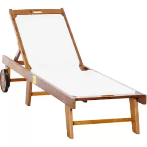 Image of Outdoor Texteline Chaise Sun Lounger Acacia Wood Bed Recliner w/ Wheels - White - Outsunny