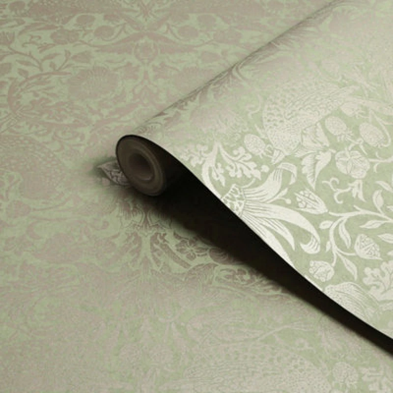 Image of William Morris Gallery Collection Fibrous Sage Strawberry Thief Metallic Effect Smooth Wallpaper