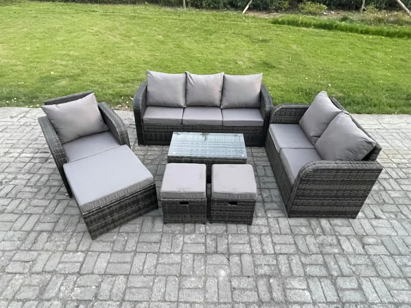 Image of Fimous Outdoor Garden Furniture Sets 7 Pieces Wicker Rattan Furniture Sofa Sets with Rectangular Coffee Table Loveseat Sofa 3 Footstools Dark Grey