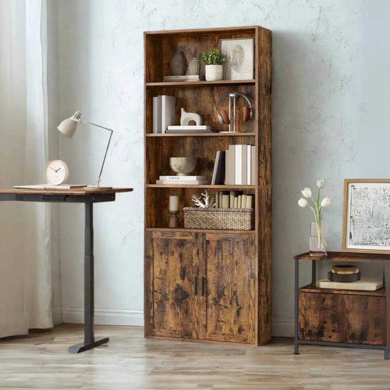 Image of Pirlo Plush Adjustable Tall Wide Free Standing Bookcase Shelf in Brown Brown Unisex