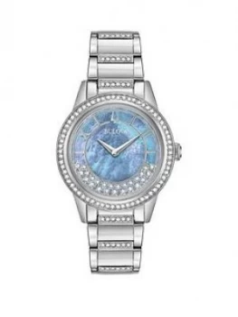Image of Bulova Crystal Collection Blue Mother of Pearl and TurnStyle Crystal Set Dial Crystal Set and Stainless Steel Bracelet Ladies Watch, One Colour, Women