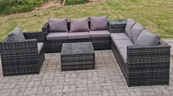 Image of Fimous 7 Seater Outdoor Dark Grey Mixed Rattan Lounge Complete Sofa Set with Corner Sofa, Tables, and Chair
