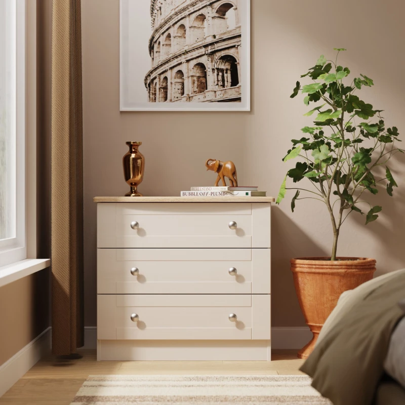 Image of Santander Ready Assembled Matt Beige & Oak 3 Drawer Wide Chest (H)692mm (W)765mm (D)415mm
