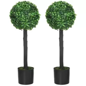 Image of HOMCOM Set of 2 Artificial Plants Boxwood Ball Trees in Pot Fake Plants for Home Indoor Outdoor Decor, 20x20x60cm, Green