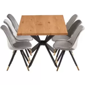 Image of 7 Pieces Life Interiors Sofia Duke Dining Set - an Oak Rectangular Dining Table and Set of 6 Dark Grey Dining Chairs - Dark Grey