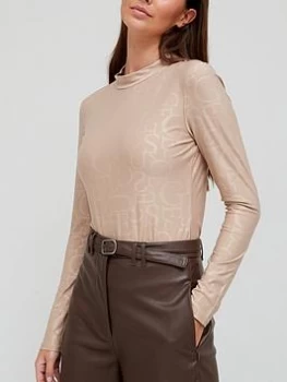 Image of Guess Logo Embossed High Neck Top - Light Rum