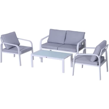 Image of Outsunny - 4 Pcs Aluminium Garden Dining Set w/ Chairs Sofa Glass Top Table White