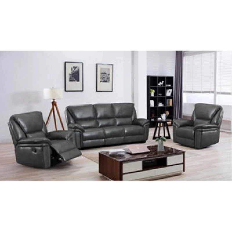 Image of Furnishings For Less UK Boston Grey Leather Large 3 Piece Sofa Suite Manual Reclining Armchairs + Static 3 Seater Seater Sofa Grey