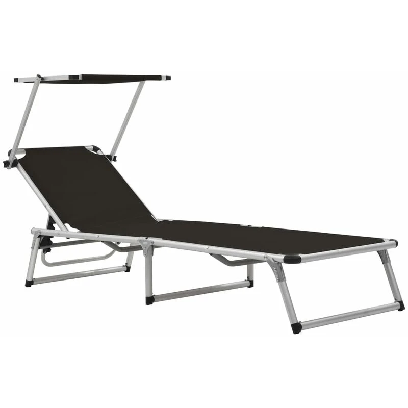 Image of VIDAXL Folding Sun Lounger with Roof Aluminium and Textilene Black Vidaxl 8718475621300
