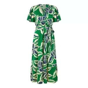 Image of Yumi Green Tropical Print Wrap Midi Dress - Green