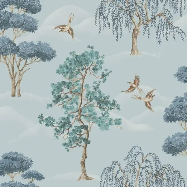 Image of Rasch Maya Willow Woodland Trees Birds Powder Blue Wallpaper Feature Wall WL-283883