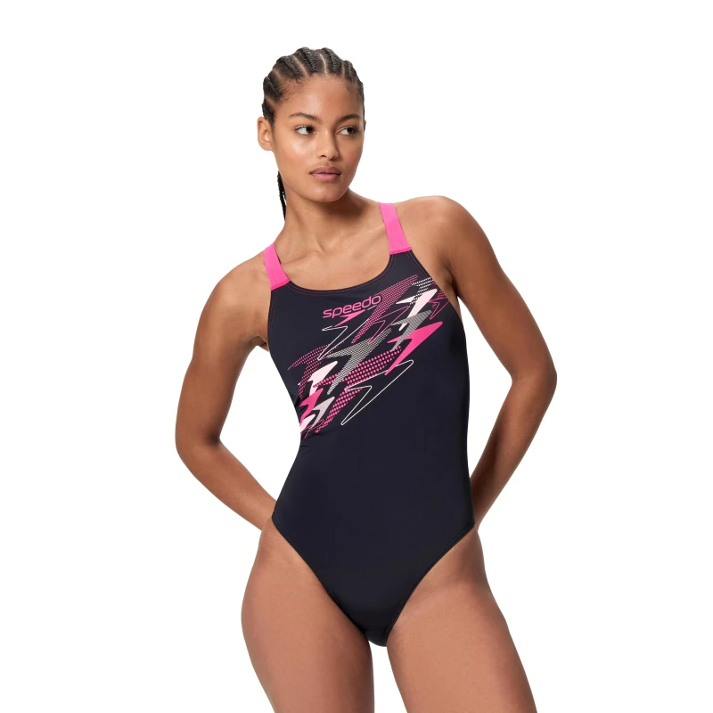 Image of Speedo Womens Medley Logo Medalist One Piece Swimsuit 34 Black/Pink
