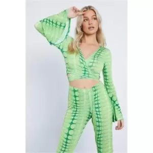 Image of I Saw It First Green Petite Illusion Printed Slinky Wrap Over Top Co-Ord - Green