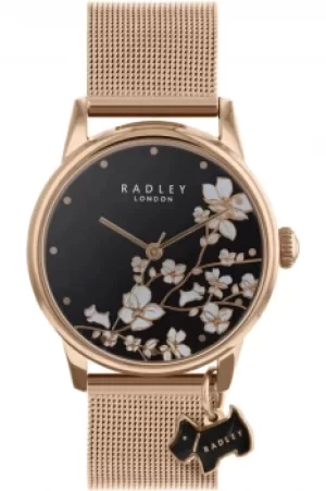 Image of Radley Botanical Floral Ladies Rose Gold Stainless Steel Mesh Strap Trailing Flower Watch RY4346