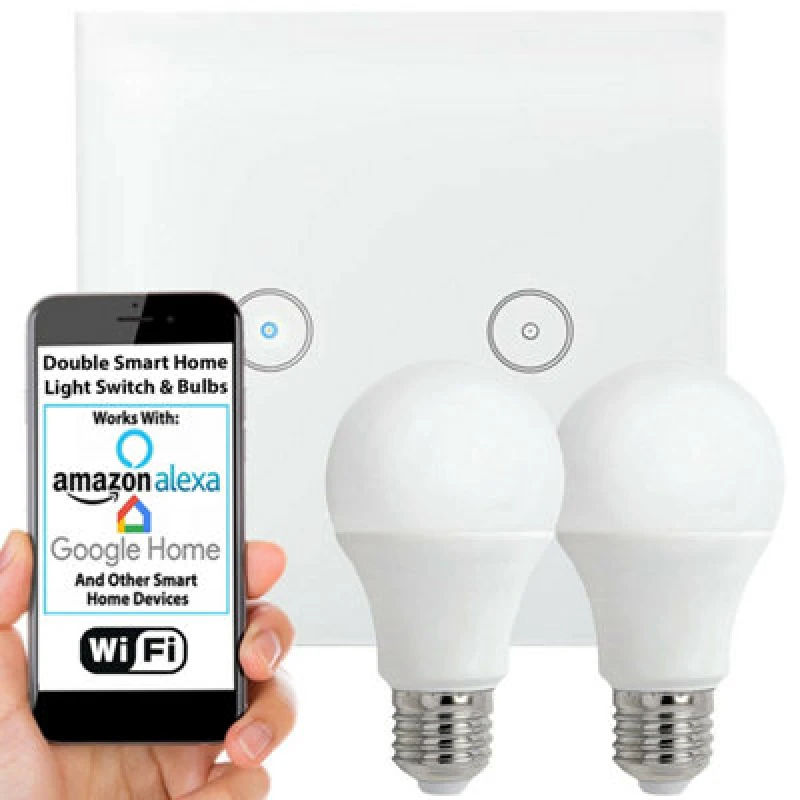 Image of Loops WiFi Light Switch & Bulb 2x 10W E27 Warm White Lamp & Double Wireless Wall Plate White