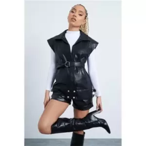 Image of I Saw It First Black Faux Leather Belted Sleeveless Shacket - Black