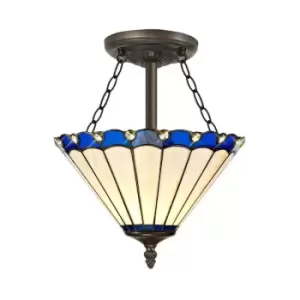 Image of Luminosa Lighting - 3 Light Semi Flush Ceiling E27 With 30cm Tiffany Shade, Blue, Crystal, Aged Antique Brass