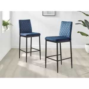 Image of Set of 2 Furniturebox Milan Bar Stools In Navy Blue Velvet With Black Metal Legs Contemporary Hatched Diamond Pattern Stitching Dining Living