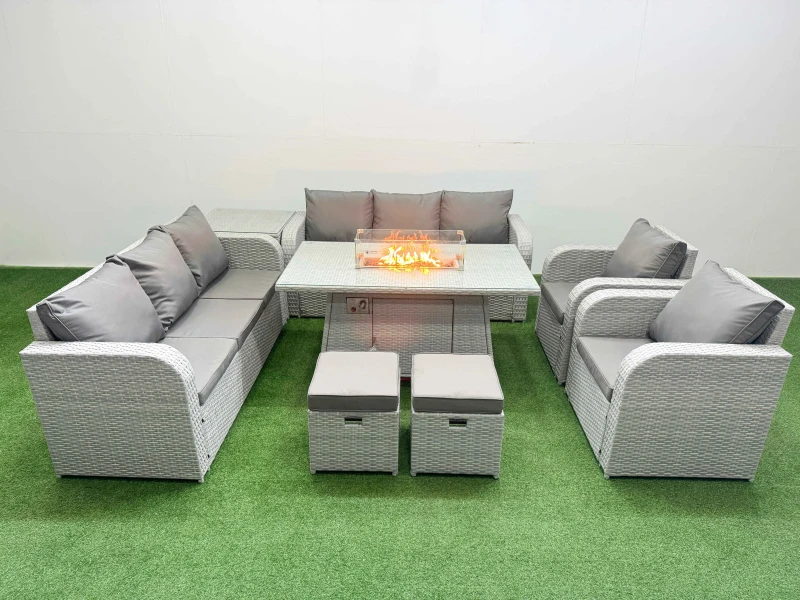Image of Fimous PE Rattan High Back Lounge Sofa Set Patio Firepit Dining Table & Chairs Set with 3 Seater Sofa Reclining Chair Stools Side Table Light Grey Lig