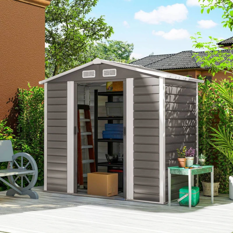 Image of Outsunny 7 x 4ft Upgraded Metal Shed with Lock, Easy to Assemble, Light Grey 84H-225V00LG