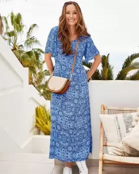 Image of Cotton Traders Womens Crinkle Print Maxi Dress in Blue