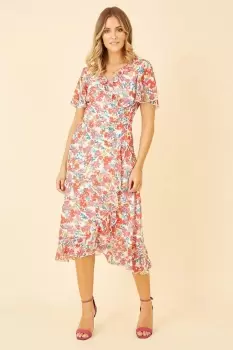 Image of White Floral Wrap Midi Dress