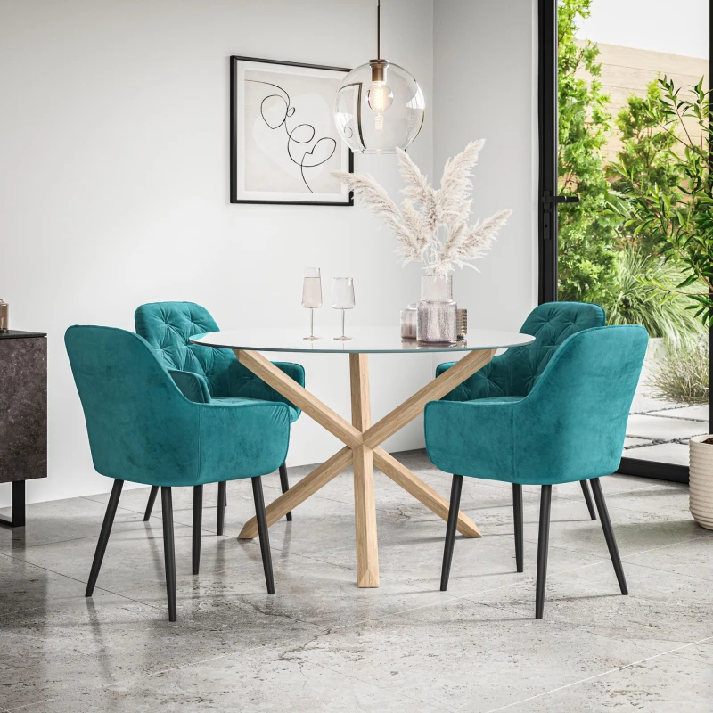 Image of More4Homes Malvern Round Dining Table And Chairs - Clear Glass Table Top W Solid Oak Legs + Anika Velvet Dining Chair Set Of 4 (Blue)