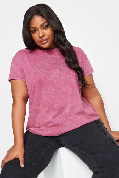 Image of Yours Star Stud Acid Wash T-Shirt Pink