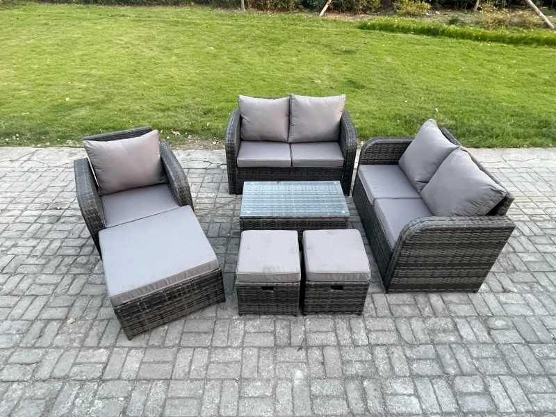 Image of Fimous High Back Rattan Garden Furniture Set with Loveseat Sofa Rectangular Coffee Table 3 Footstools Indoor Outdoor Patio Lounge Sofa Set Dark Grey M