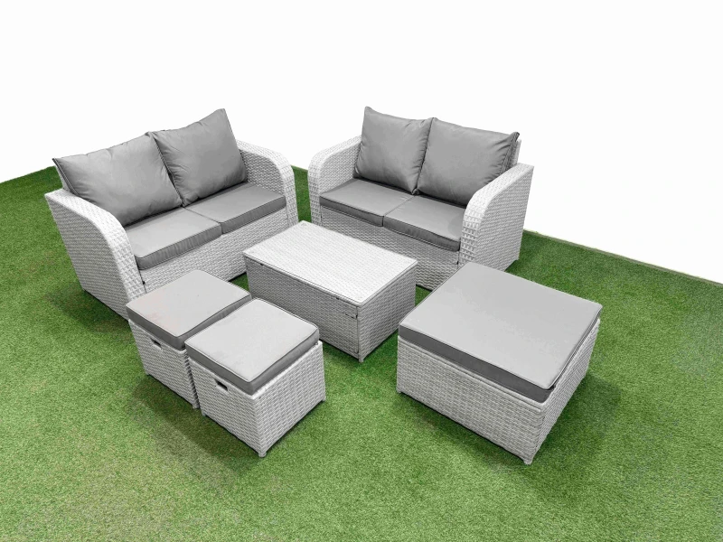 Image of Fimous 7 Seater Outdoor Love Sofa Set Rattan Garden Furniture Set with Rectangular Coffee Table 3 Footstool Light Grey Light Grey
