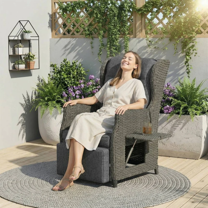Image of OUTSUNNY Rattan Garden Recliner Chair with Flip Table in Dark Grey Dark Grey Unisex