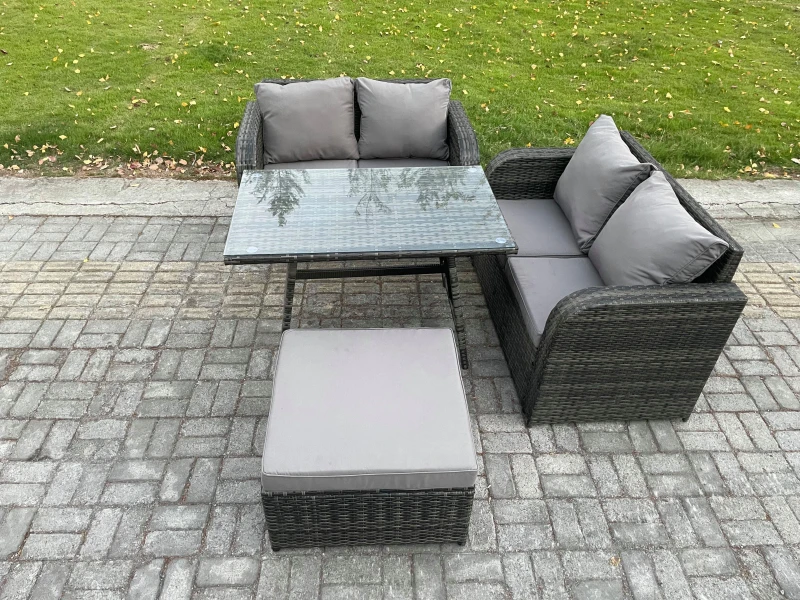 Image of Fimous Outdoor Garden Furniture Sets 4 Pieces Wicker Rattan Furniture Sofa Set with Rectangular Dining Table Dark Grey