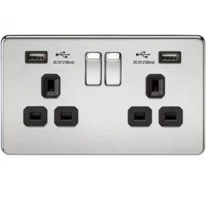 Image of KnightsBridge 2G 13A Screwless Polished Chrome 2G Switched Socket with Dual 5V USB Charger Ports - Black Insert