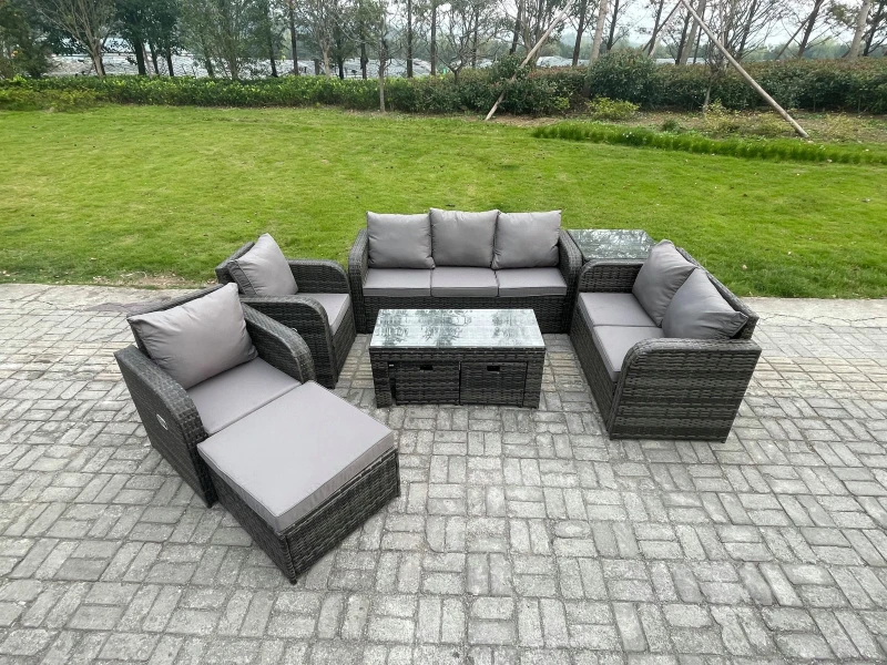 Image of Fimous 10 Seater Outdoor Rattan Garden Furniture Set Rattan Lounge Sofa Set with Rectangular Coffee Table Side Table 3 Footstools Dark Grey Mixed Dark