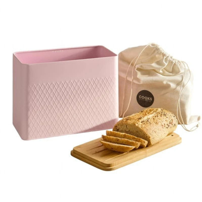 Image of Cooks Professional Diamond Pattern Bread Bin With Linen Bag & Bamboo Cutting Board Lid - Pink