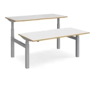 Image of Height Adjustable Desk Back To Back Rectangular Desks 1600mm White/Oak Tops With Silver Frames Elev8 Touch
