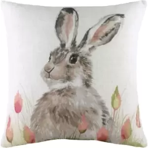 Image of Evans Lichfield Hedgerow Hare Cushion Cover (One Size) (White/Brown) - White/Brown