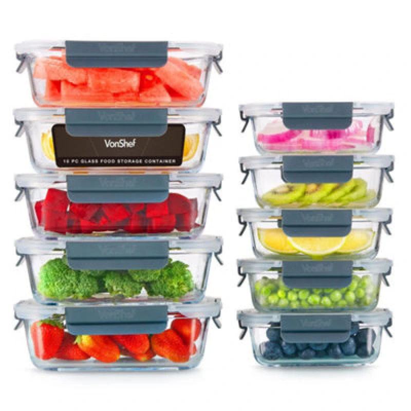 Image of VonShef 10 Piece Meal Prep Food Lunch Boxes 1L and 370ml Glass Containers with Lids Clear