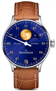 Image of MeisterSinger Lunascope Blue Dial Brown Leather Strap Watch