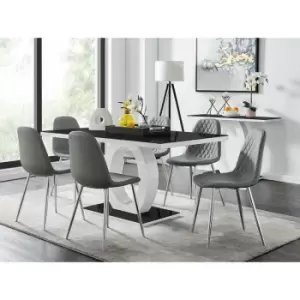 Image of Furniturebox UK - Furniturebox Giovani 6 Seat High Gloss And Black Glass Modern Rectangular Dining Table And 6 Grey Corona Faux Leather Dining Chairs